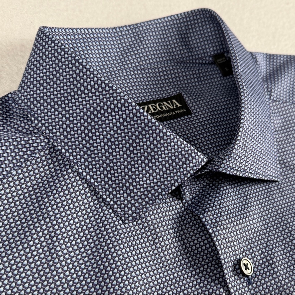Zegna Men's Centoquaranta Twill‎ Sport Button Up Shirt Mini Print Blue Large